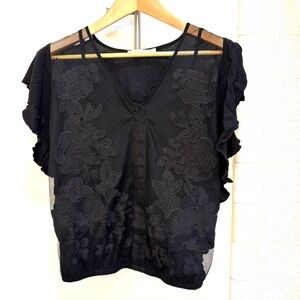 Red by BKE Black Floral Embroidery Layered Blouse Medium Hook Eye Closure Sheer
